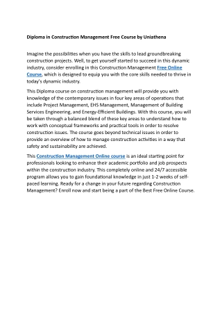 Diploma in Construction Management Free Course by Uniathena