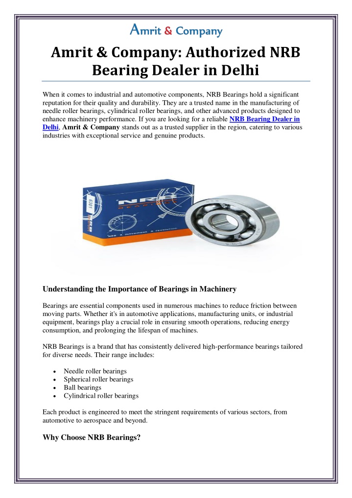 amrit company authorized nrb bearing dealer