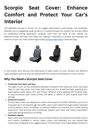 Premium Quality of Scorpio Seat Cover for Ultimate Comfort