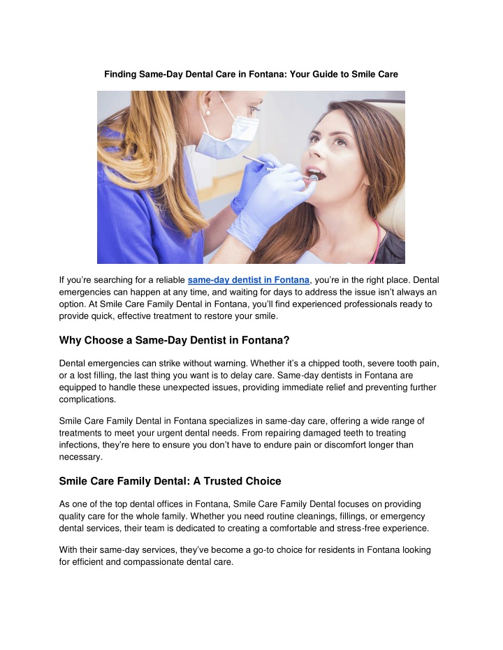 finding same day dental care in fontana your