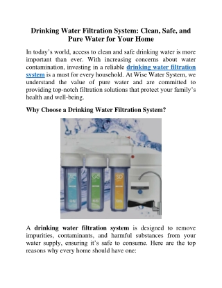 Drinking Water Filtration System: Clean, Safe, and Pure Water for Your Home