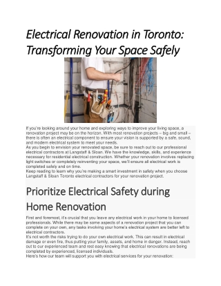 Electrical Renovation in Toronto Transforming Your Space Safely