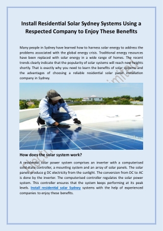 Install Residential Solar Sydney Systems Using a Respected Company to Enjoy Thes