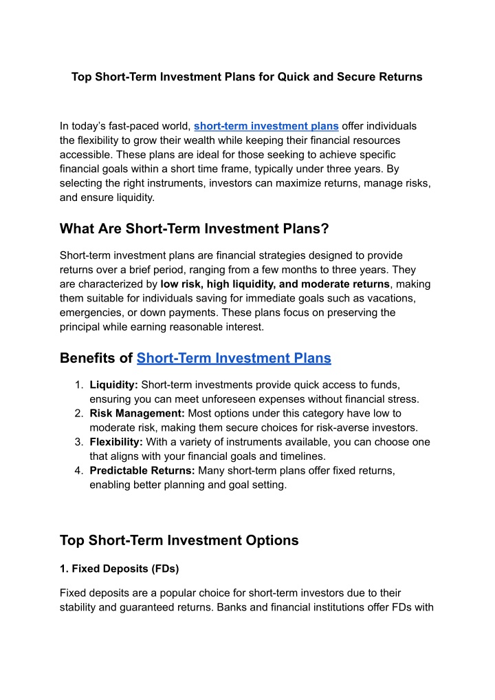 top short term investment plans for quick