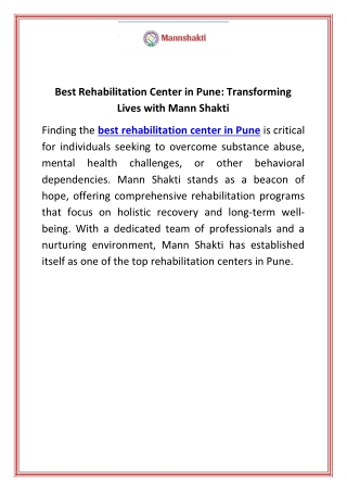 Best Rehabilitation Center in Pune Transforming Lives with Mann Shakti