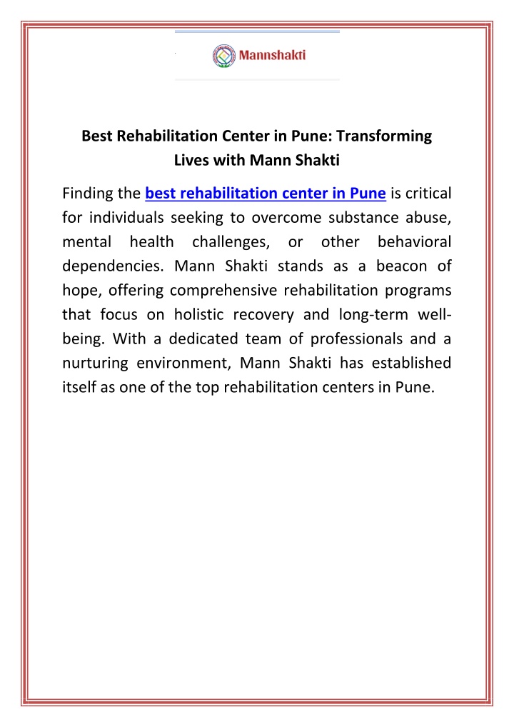 best rehabilitation center in pune transforming