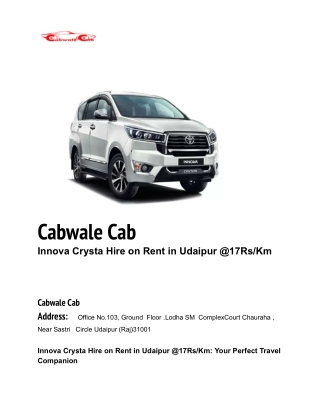 Innova Crysta Hire on Rent in Udaipur @17Rs_Km