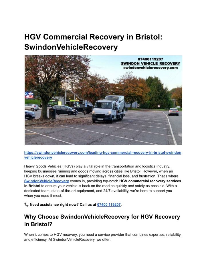 hgv commercial recovery in bristol