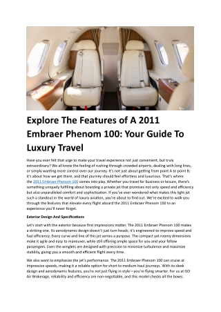 Explore The Features of A 2011 Embraer Phenom 100: Your Guide To Luxury Travel