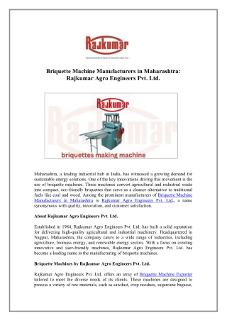 Trust Briquette Machine Manufacturers in Maharashtra - Rajkumar Agro Machines