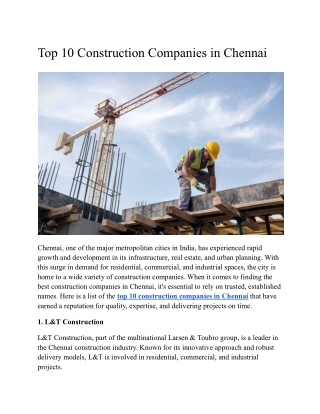 Top 10 Construction Companies in Chennai