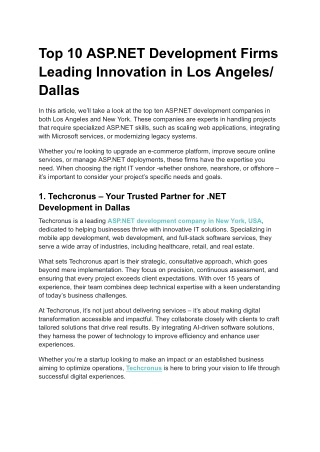 Top 10 ASP.NET Development Firms Leading Innovation in Los Angeles/ Dallas