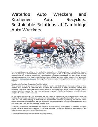 Waterloo Auto Wreckers and Kitchener Auto Recyclers  Sustainable Solutions at Cambridge Auto Wreckers