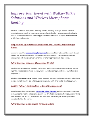 Improve Your Event with Walkie-Talkie Solutions and Wireless Microphone Renting