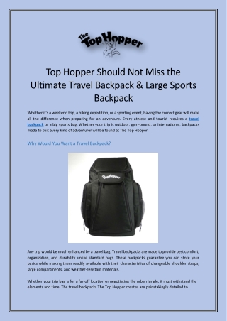 Top Hopper Should Not Miss The Ultimate Travel Backpack & Large Sports Backpack