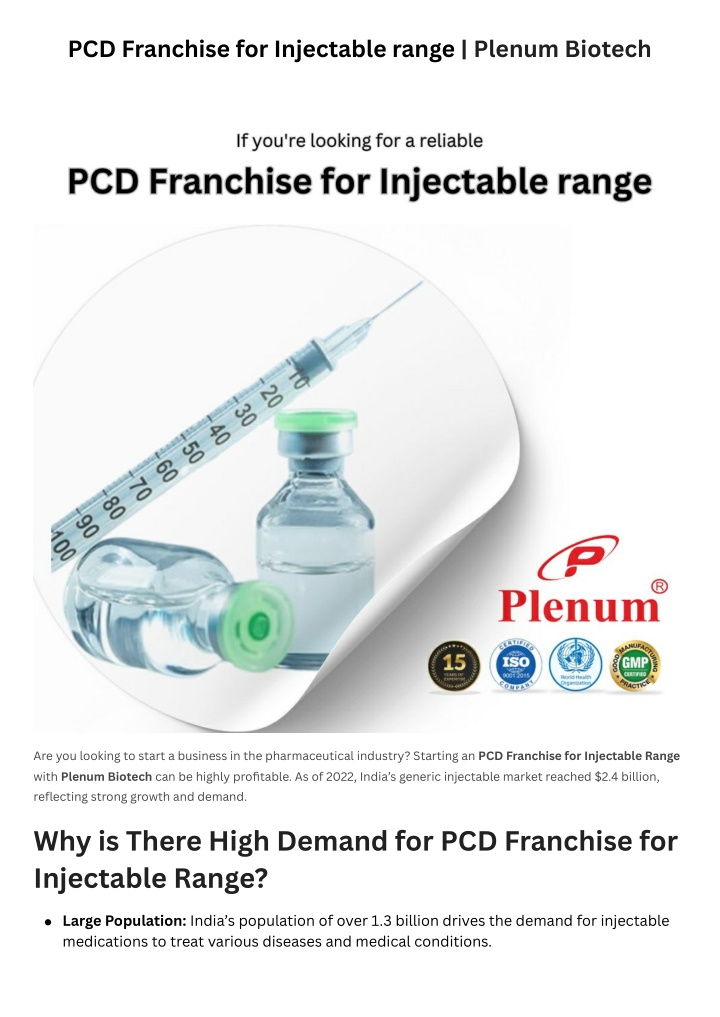 pcd franchise for injectable range plenum biotech