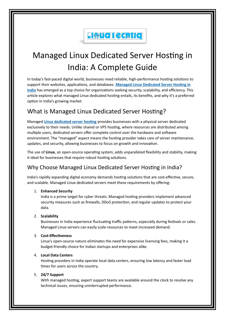 managed linux dedicated server hosting in india