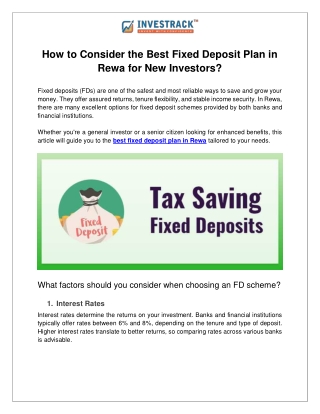 How to Consider the Best Fixed Deposit Plan in Rewa for New Investors