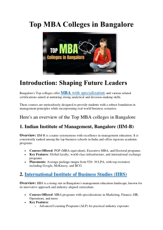 Top MBA Colleges in Bangalore