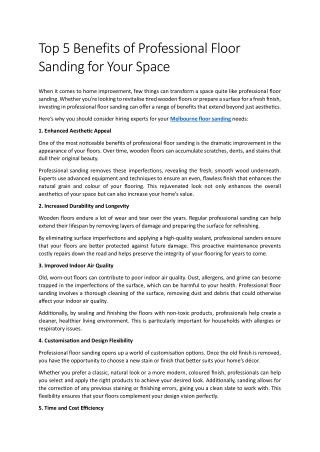 Top 5 Benefits of Professional Floor Sanding for Your Space