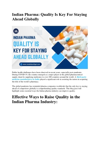 Indian Pharma: Quality Is Key For Staying Ahead Globally