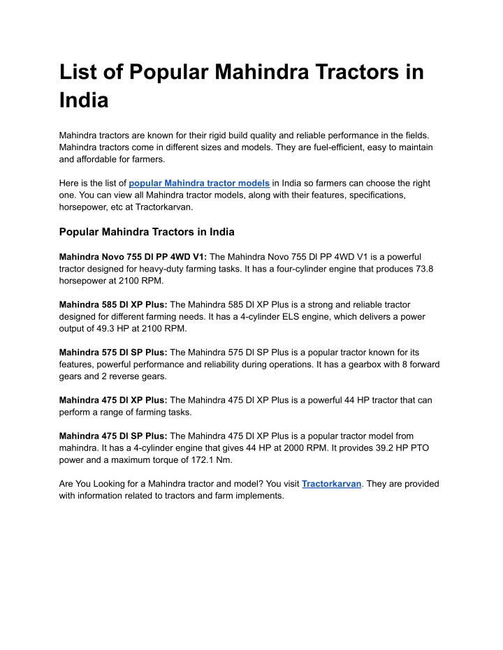 list of popular mahindra tractors in india