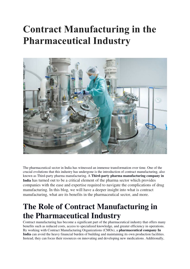 contract manufacturing in the pharmaceutical