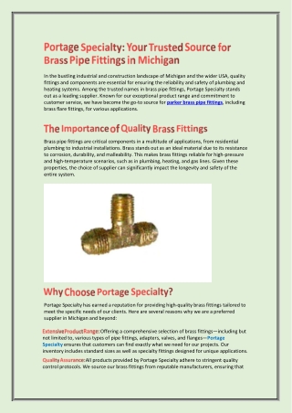 Portage Specialty Your Trusted Source for Brass Pipe Fittings in Michigan