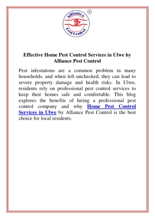 Effective Home Pest Control Services in Ulwe by Alliance Pest Control