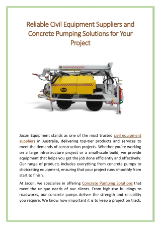Reliable Civil Equipment Suppliers and Concrete Pumping Solutions for Your Project