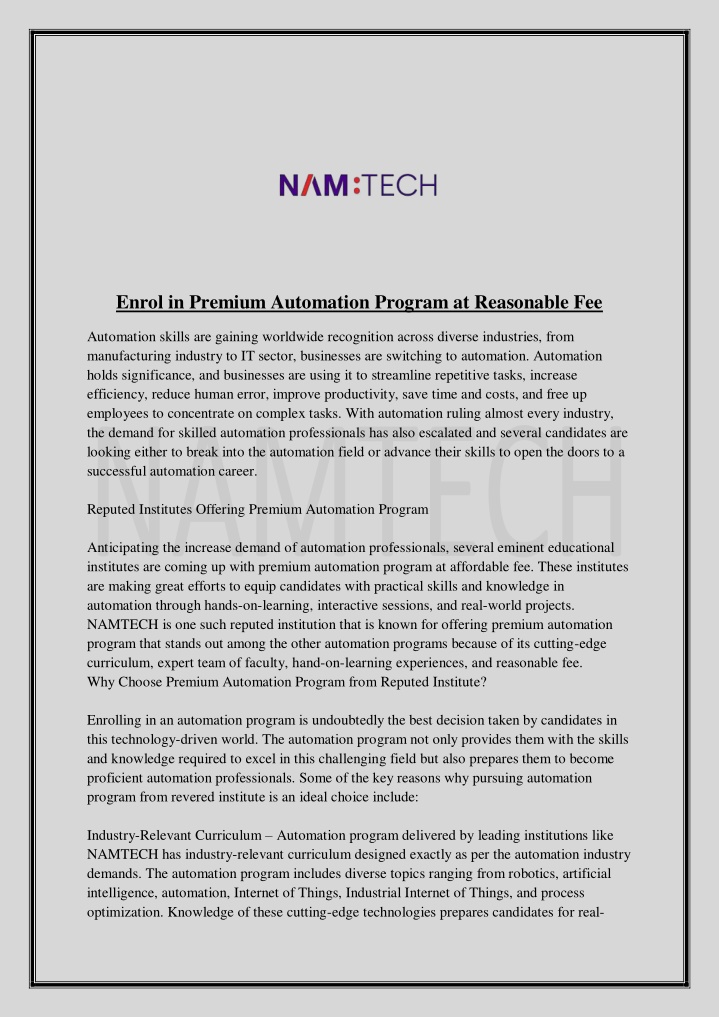 enrol in premium automation program at reasonable