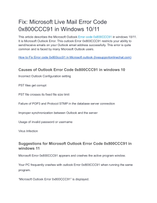 fix microsoft live mail error code 0x800ccc91
