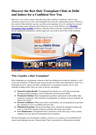 Discover the Best Hair Transplant Clinic in Delhi and Indore for a Confident New You