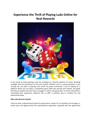 Experience the Thrill of Playing Ludo Online for Real Rewards