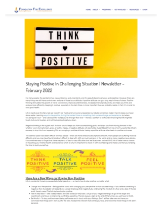 Staying Positive In Challenging Situation  Newsletter – Foundation For Excellence