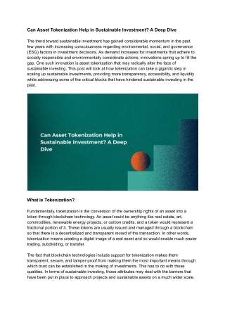 can asset tokenization help in sustainable