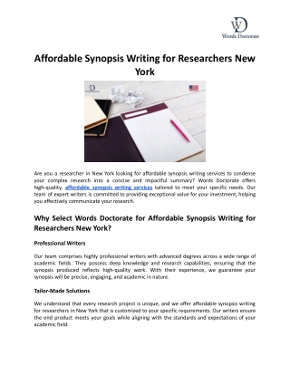 Affordable Synopsis Writing for Researchers New York