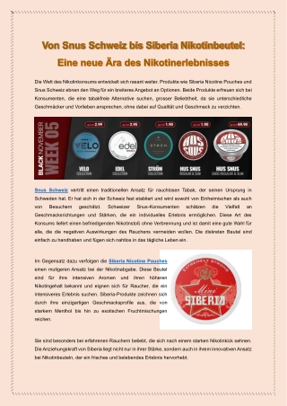 Von Snus Schweiz bis Siberia Nikotinbeutel - Eine neue Ära des Nikotinerlebnisses