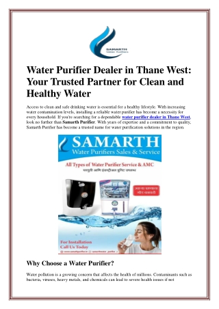 Water Purifier Dealer in Thane West: Your Trusted Partner for Clean and Healthy