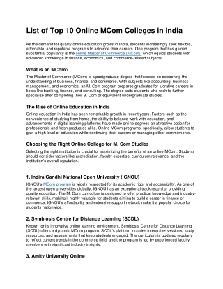 List of Top 10 Online MCom Colleges in India