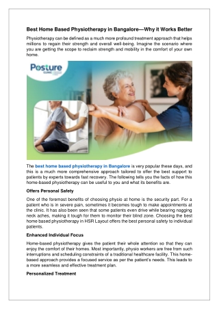 Best Home Based Physiotherapy in Bangalore—Why it Works Better