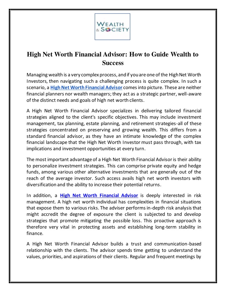 high net worth financial advisor how to guide