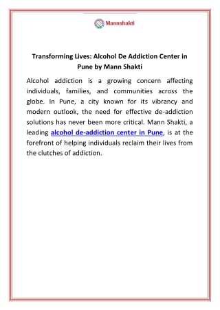 Transforming Lives Alcohol De Addiction Center in Pune by Mann Shakti