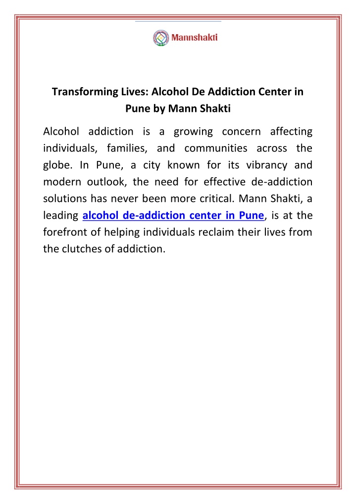 transforming lives alcohol de addiction center