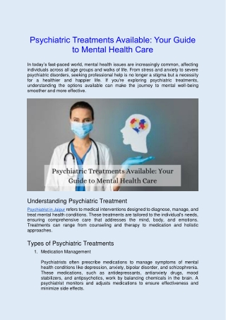 Psychiatric Treatments Available- Your Guide to Mental Health Care