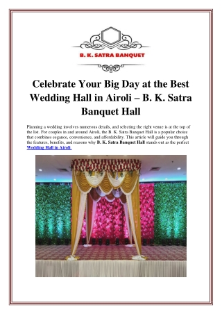 Celebrate Your Big Day at the Best Wedding Hall in Airoli – B. K. Satra Banquet