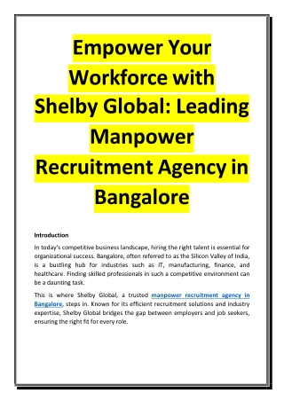 Empower Your Workforce with Shelby Global - Leading Manpower Recruitment Agency in Bangalore