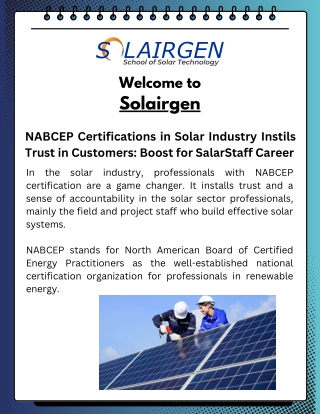 NABCEP Certifications in Solar Industry Instils Trust in Customers Boost for SalarStaff Career