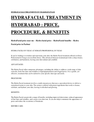 HYDRAFACIAL TREATMENT IN HYDERABAD