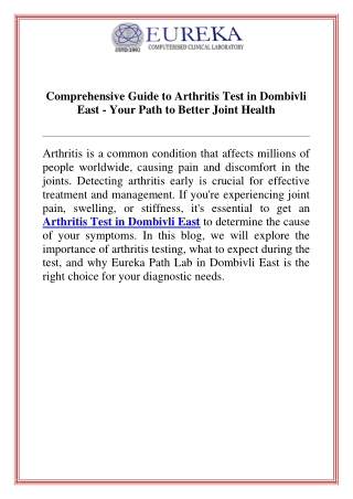 Comprehensive Guide to Arthritis Test in Dombivli East  Your Path to Better Joint Health